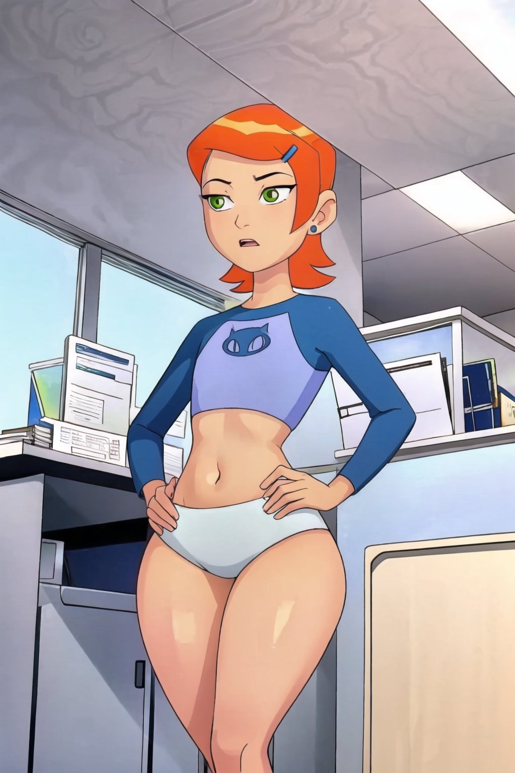 masterpiece, 1 girl, alone, Gwen_Tennyson, ((12 years old)), orange hair, green eyes, short hair, hair clip, raglan sleeves, exposed navel, long sleeves, earrings, white leggies, flat chest, small tits , standing, (((front view))), (wide hips: 1.1), narrow waist, giant hips, wide hips, thick thighs (huge thighs :1.3) inner office (office), wide hips,