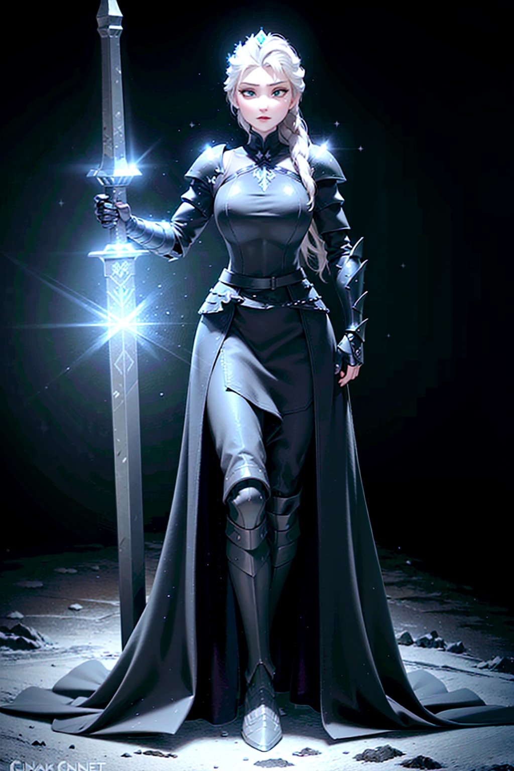 Elsa, black dress, ((armor, armored dress, black dress, gauntlets)), ice, snow, winter, sword, sword in hand, crown, evil, close-up, standing, full body, cowboy photo, (hips wide: 1.1), narrow waist, huge neckline, voluptuous, curvy