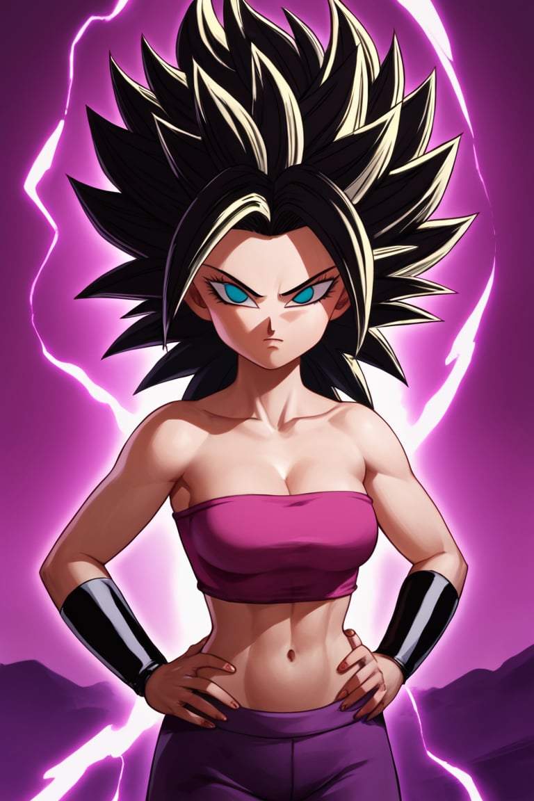 source_anime, Score_9, Score_8_up, Score_7_up, caulifla, super saiyan, 1 girl, alone, looking at viewer, blue eyes, blonde hair, closed mouth, collarbone, mountain, frown, spiky hair, irritated, upper body, hands on waist, pink top top, strapless, navel, abdomen, shiny hair, bracelet, aura, black hair, black eyes, spiked,CauliflaSDXL