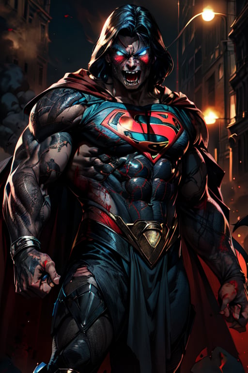 superman , lean, glowing tattoos, red glowing eyes, blood, demonic, fangs teeth, evil face, boots, dark smoke in the background, full shot