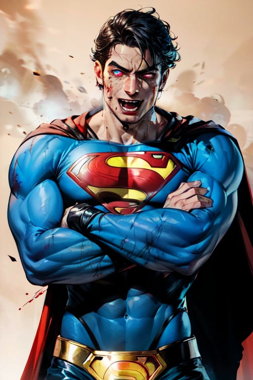 superman , lean, glowing tattoos, red glowing eyes, blood, demonic, fangs teeth, evil face, boots, dark smoke in the background, full shot remove all water marks