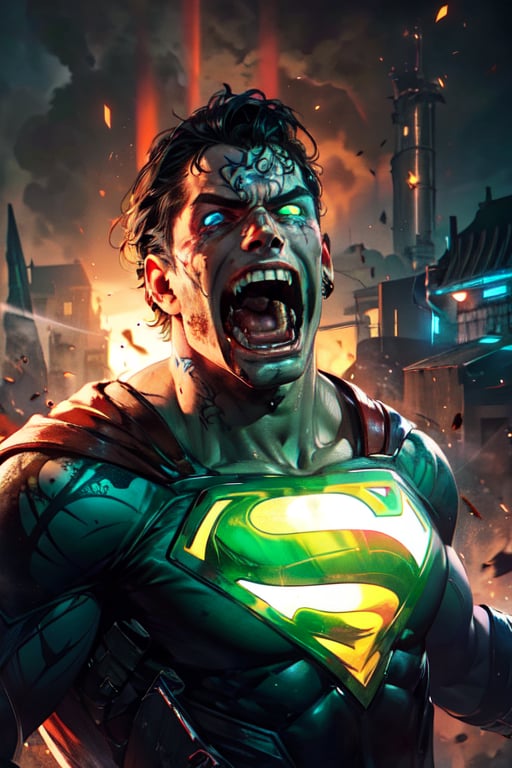 superman , lean, glowing tattoos, red glowing eyes, blood, demonic, fangs teeth, evil face, boots, dark smoke in the background, full shot remove all water marks