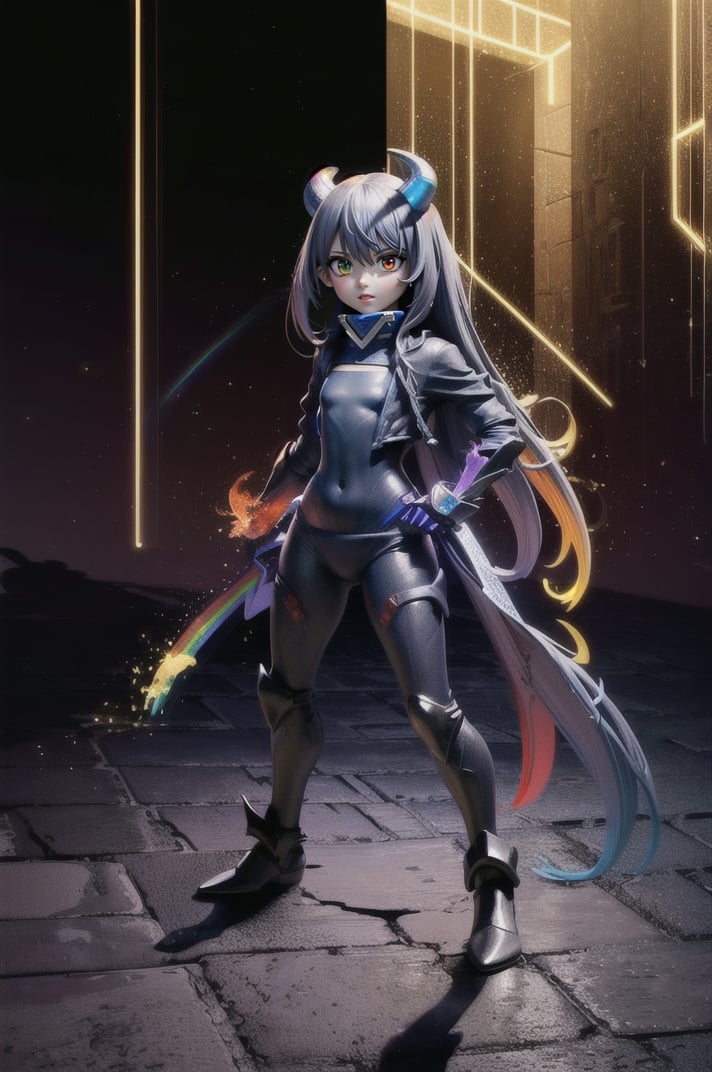 (masterpiece), best quality, expressive eyes, perfect face, (small brests), white hair, ((((blue and red eye)))), ((full body)), black and blue Dragon horns, (((((shadow outfit))))), (((battle shadow outfit))), small body, long hair, ((kid body)), (1 girl), (((futuristic city background))), (sexual pose), ((((rainbow lights details on the outfit)))), ((green details)), ((yellow details)), shadow, black silhouette, shadow of,aura of shadows, ((Blue details)), ((red details)), ((black armored shadow outfit))