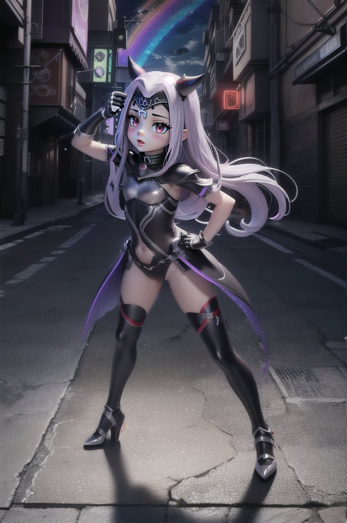 (masterpiece), best quality, expressive eyes, perfect face, (small brests), white hair, ((((blue and red eye)))), ((full body)), black and blue Dragon horns, (((((shadow outfit))))), (((shadow outfit))), small body, long hair, ((kid body)), (1 girl), (((futuristic city background))), (sexual pose), ((((rainbow lights details on the outfit)))), ((green details)), ((yellow details)), shadow, black silhouette, shadow of,aura of shadows, ((Blue details)), ((red details)), ((black armored shadow outfit))