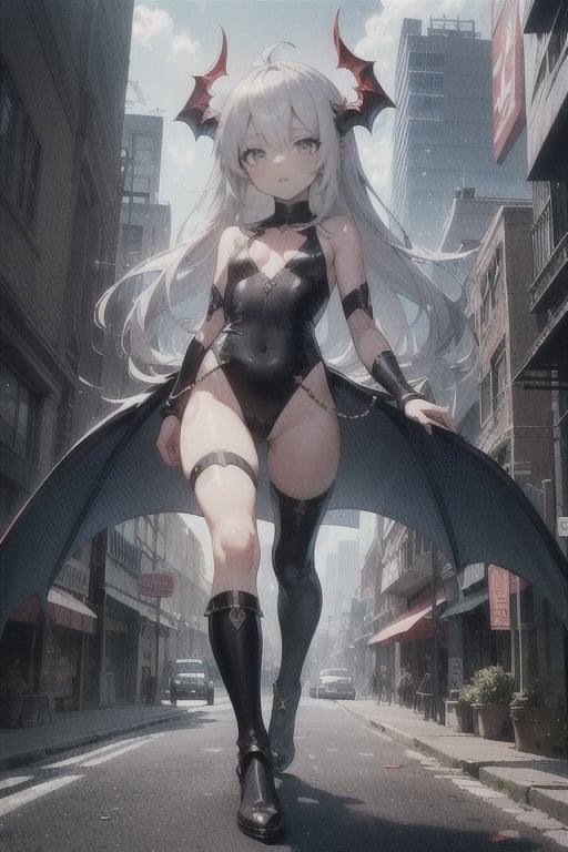 (masterpiece), best quality, expressive eyes, perfect face,(small brests), white hair, ((blue left eye)), (red right eye), full body,dragon horns, ((very revealing outfit)),((erotic outfit)), small body, long hair, (((kid body))),(1 girl), futuristic city background, ((sexual pose)) ,too young girl,(((baby body)))