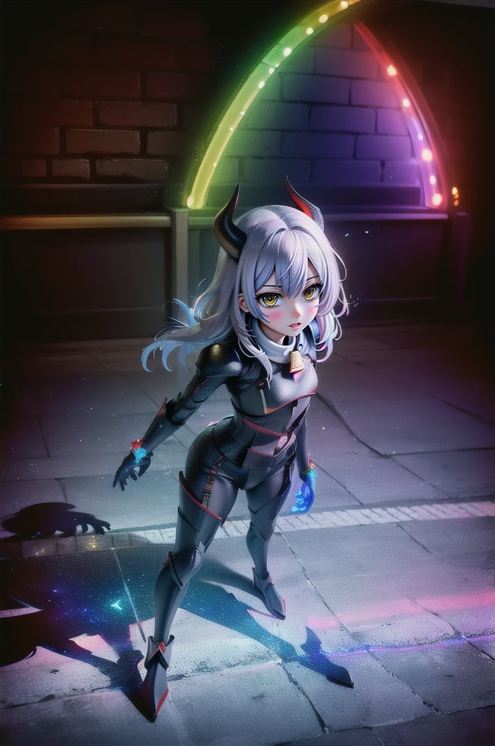 (masterpiece), best quality, expressive eyes, perfect face, (small brests), white hair, ((((blue and red eye)))), ((full body)), black and blue Dragon horns, (((((shadow outfit))))), (((shadow outfit))), small body, long hair, ((kid body)), (1 girl), (((futuristic city background))), (sexual pose), ((((rainbow lights details on the outfit)))), ((green details)), ((yellow details)), shadow, black silhouette, shadow of,aura of shadows, ((Blue details)), ((red details)), ((black armored shadow outfit))