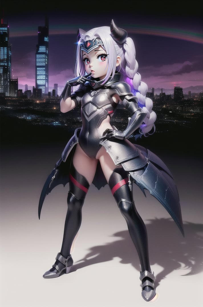 (masterpiece), best quality, expressive eyes, perfect face, (small brests), white hair, ((((blue and red eye)))), ((full body)), black and blue Dragon horns, (((((shadow outfit))))), (((shadow outfit))), small body, long hair, ((kid body)), (1 girl), (((futuristic city background))), (sexual pose), ((((rainbow lights details on the outfit)))), ((green details)), ((yellow details)), shadow, black silhouette, shadow of,aura of shadows, ((Blue details)), ((red details)), ((black armored shadow outfit))