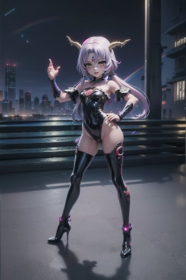 (masterpiece), best quality, expressive eyes, perfect face, (small brests), white hair, ((((blue and red eye)))), ((full body)), black and blue Dragon horns, (((((shadow outfit))))), (((shadow outfit))), small body, long hair, ((kid body)), (1 girl), (((futuristic city background))), (sexual pose), ((((rainbow lights details on the outfit)))), ((green details)), ((yellow details)), shadow, black silhouette, shadow of,aura of shadows, ((Blue details)), ((red details)), ((black armored shadow outfit))