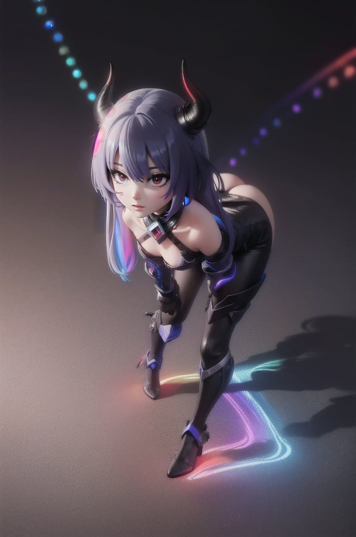 (masterpiece), best quality, expressive eyes, perfect face, (small brests), white hair, ((((blue and red eye)))), ((full body)), black and blue Dragon horns, (((((shadow outfit))))), (((shadow outfit))), small body, long hair, ((kid body)), (1 girl), (((futuristic city background))), (sexual pose), ((((rainbow lights details on the outfit)))), ((green details)), ((yellow details)), shadow, black silhouette, shadow of,aura of shadows, ((Blue details)), ((red details)), ((black armored shadow outfit))