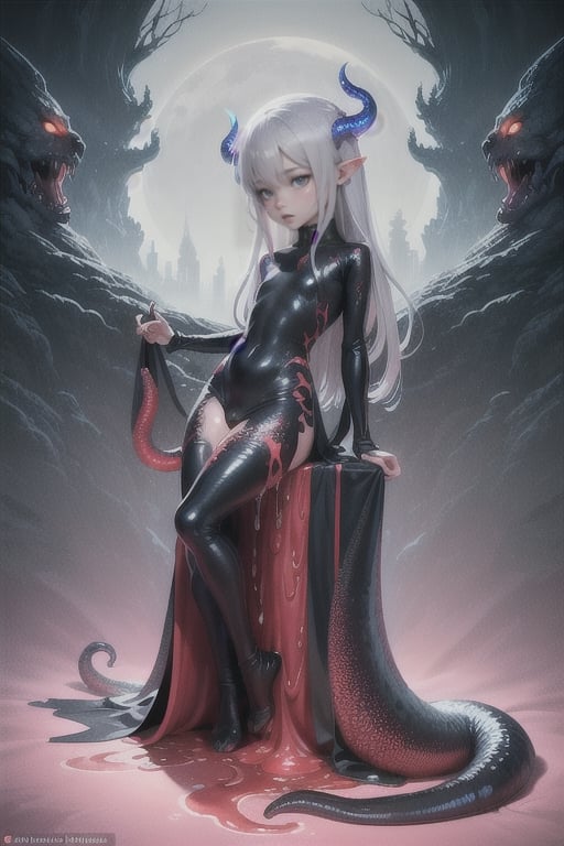 (masterpiece), best quality, expressive eyes, perfect face,(small brests), white hair, ((blue left eye)), (red right eye), full body, black dragon horns, ((very revealing outfit)),((erotic outfit)), small body, long hair, (((kid body))),(1 girl), futuristic city background, ((tentacle sex)), ((big tentacle penetration)), (tentacle pit), big tentacle multiple insertion,too young girl,Blender,3D