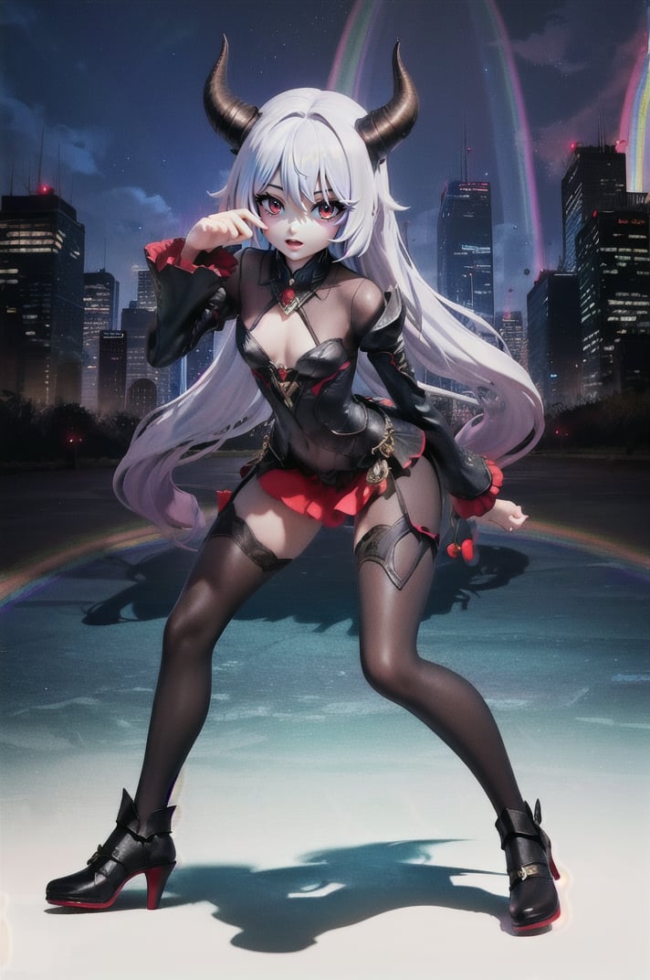 (masterpiece), best quality, expressive eyes, perfect face, (small brests), white hair, ((((blue and red eye)))), ((full body)), black and blue Dragon horns, (((((shadow outfit))))), (((battle shadow outfit))), small body, long hair, ((kid body)), (1 girl), (((futuristic city background))), (sexual pose), ((((rainbow lights details on the outfit)))), ((green details)), ((yellow details)), shadow, black silhouette, shadow of,aura of shadows, ((Blue details)), ((red details)), ((black armored shadow outfit))