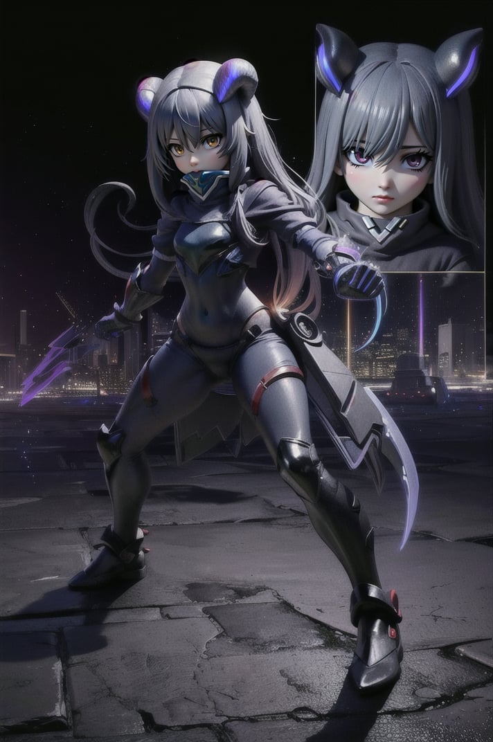 (masterpiece), best quality, expressive eyes, perfect face, (small brests), white hair, ((((blue and red eye)))), ((full body)), black and blue Dragon horns, (((((shadow outfit))))), (((battle shadow outfit))), small body, long hair, ((kid body)), (1 girl), (((futuristic city background))), (sexual pose), ((((rainbow lights details on the outfit)))), ((green details)), ((yellow details)), shadow, black silhouette, shadow of,aura of shadows, ((Blue details)), ((red details)), ((black armored shadow outfit))