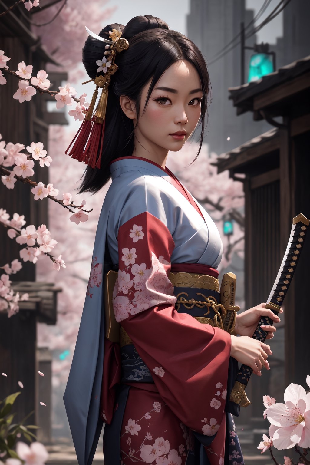 A stylized portrait of an ancient Japanese Geisha wearing armor, warrior, fighting in a Cherry Blossom Forest with a katana in hand, surrounded by a cyberpunk and neon atmosphere, lit by cross-lighting, designed by a mix of traditional and digital art, trending in Art Station., Miki Asai Macro photography, close-up, hyper detailed, trending on artstation, sharp focus, studio photo, intricate details, highly detailed, by greg rutkowski