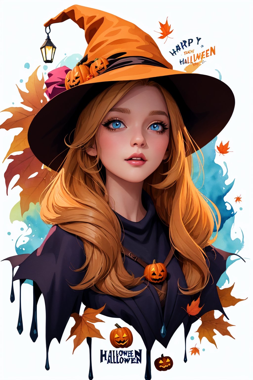 autumn iconpack of a charming girl as Halloween witch, random face expressions, random coloring, cartoon style, 2D, planar vector, character design, T-shirt design, colorful splashes, vector art, fantasy art, watercolor effect,digital painting, white bg, 8K