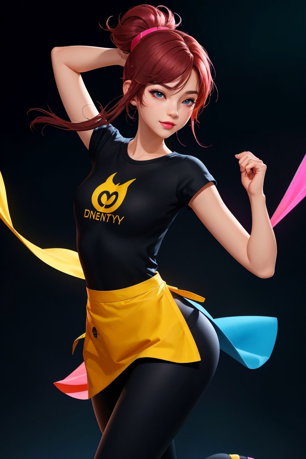  A vibrant, modern t-shirt design featuring a flat, anime, cyberpunk , vector illustration with a dark background and a colorful gradient. dancing, whole body, nice dance pose, wearing leggings & apron
extremely detailed CG unity 8k wallpaper