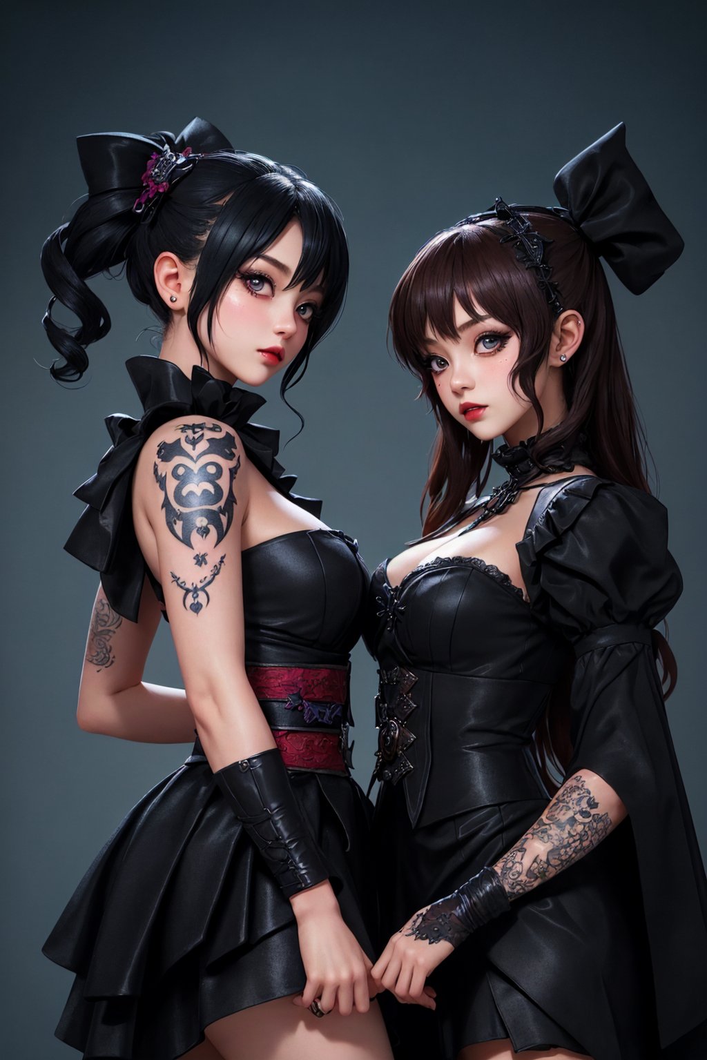 goth, black, babymetal look, 2 girls, gothic girl, dark eyeliner, tattoo, gothic maiden, side view, very nice pose, seductive posing, grunge, best quality, colorful, finely detailed beautiful eyes and detailed face,
extremely detailed CG unity 8k wallpaper