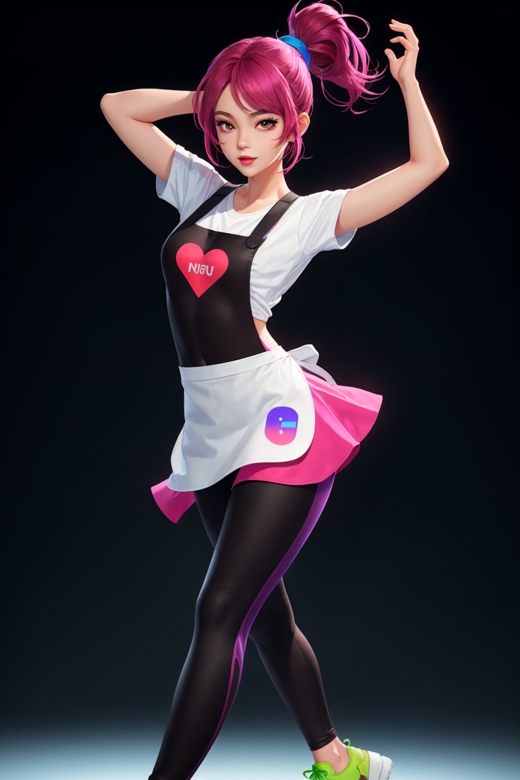  A vibrant, modern t-shirt design featuring a flat, anime, cyberpunk , vector illustration with a dark background and a colorful gradient. dancing, whole body, nice dance pose, wearing leggings & apron
extremely detailed CG unity 8k wallpaper