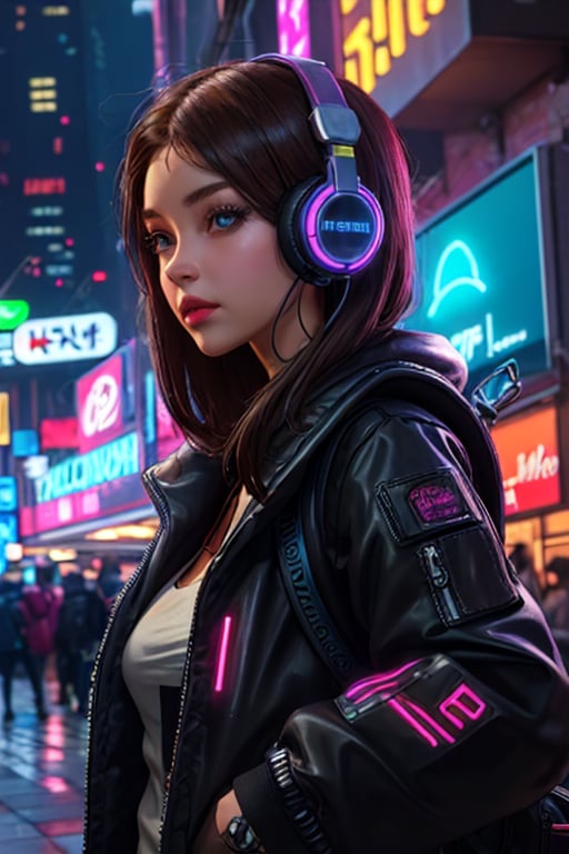 megapolis, cyberpunk, lighting bar, single girl with headphones in the street, neon lights, backpack