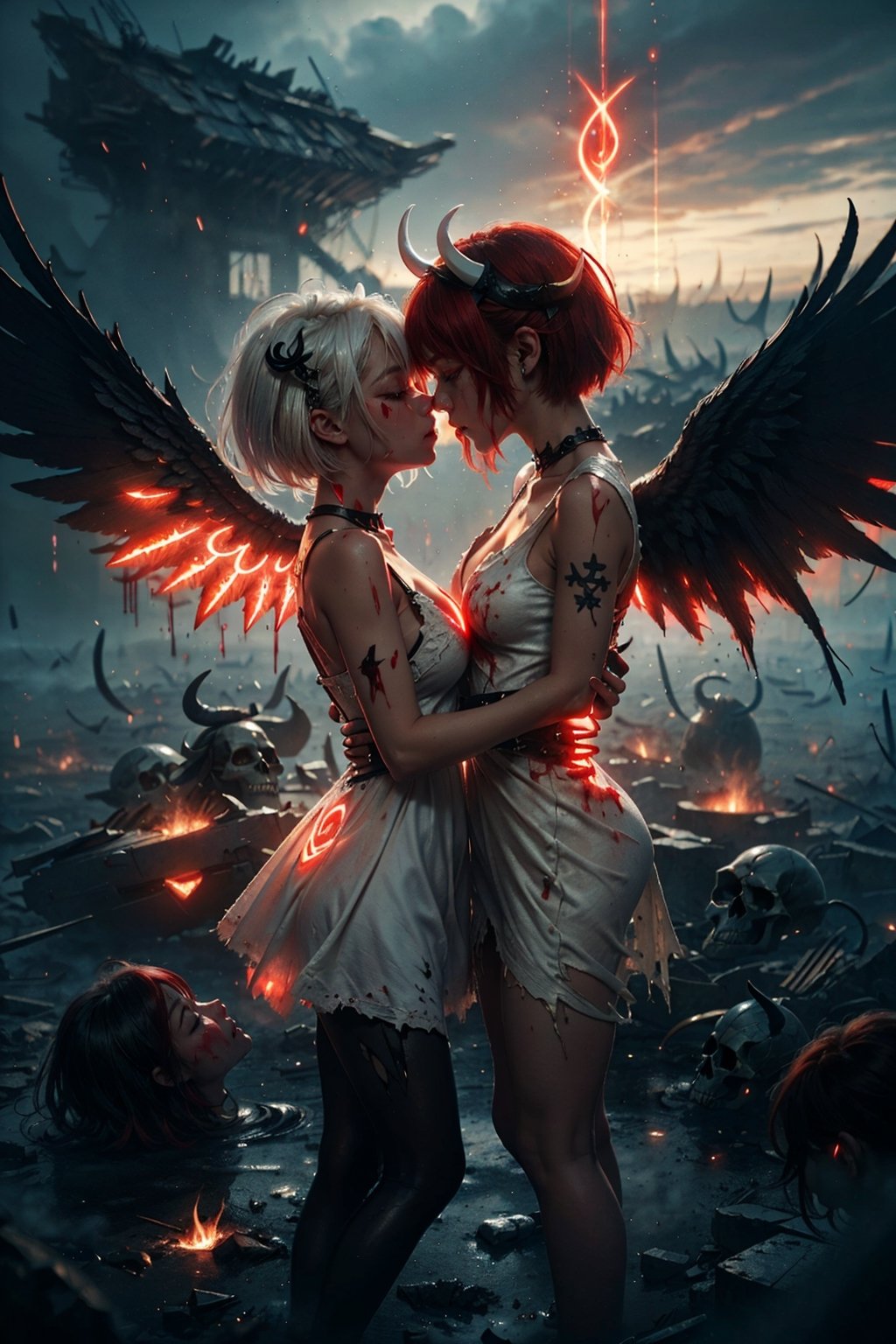 best quality, extremely detailed, area lighting in background, HD, 8k, extremely intricate:1.3), realistic, ((2 girls)), ((taller)),  ((dancing together)), ((kissing)), (((white hair))), ((Red hair)), ((big breast)), ((small breast)), ((winged hairpin)), ((horned hairpin)), ((emotional eyes)), (( open eyes)), ((close eyes)), ((whire glowing angel wings)), ((red demon wings)), ((2girls)), ((loli)), ((mature)), ((long hair)), ((short hair)), (((white dress))), ((black dress)), ((torn_clothes)), a battlefield scene filled with smoke and fire and corpses in the background, ((skulls)), sad atmosphere,GlowingRunes_, ((sexy)), ((ripped clothes)), close shot,bloody stream, , , , ,(blood on body), ((glowing eyes))