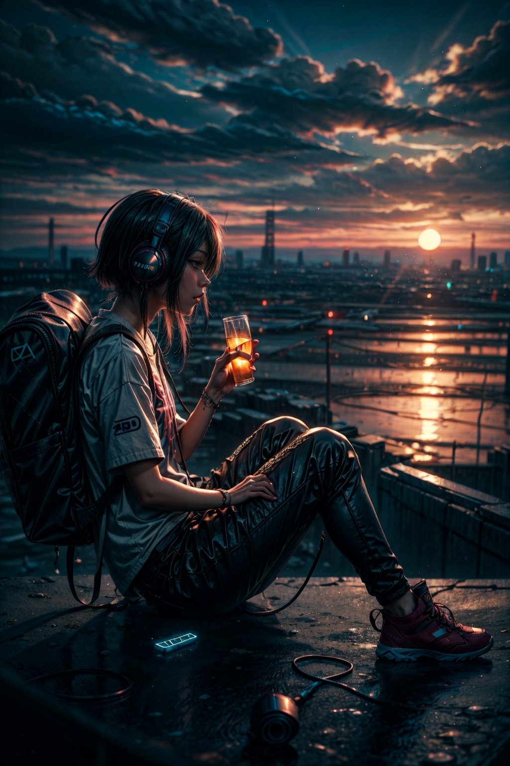  A side angle photo of A beautiful anime character sitting at the club. Lowfi, hiphop, hi detail, hi res, music, headphones, backpack, graffiti, street, sunset, mood, dreamy, sand, setting Sun, realistic, reflections, neon, dusk,