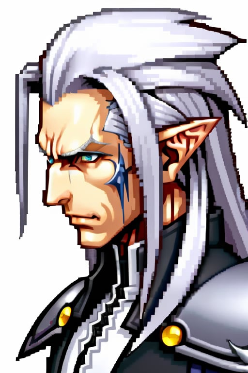 4K , Full_HD , Final fantasy , sephiroth, sephirothFinalFantasy , face_only , Portrait  ,chibi , male 
, avatar , profile_picture, adult ,arcane ,male,
Leonardo style , cyborg style , right-side-of-face-blonde, left-side-of-face-white , CyberPunk , Bionic , black_Eyes , "Rx13"_Face_Tattoo , Pendant,pixel art, gray_hair