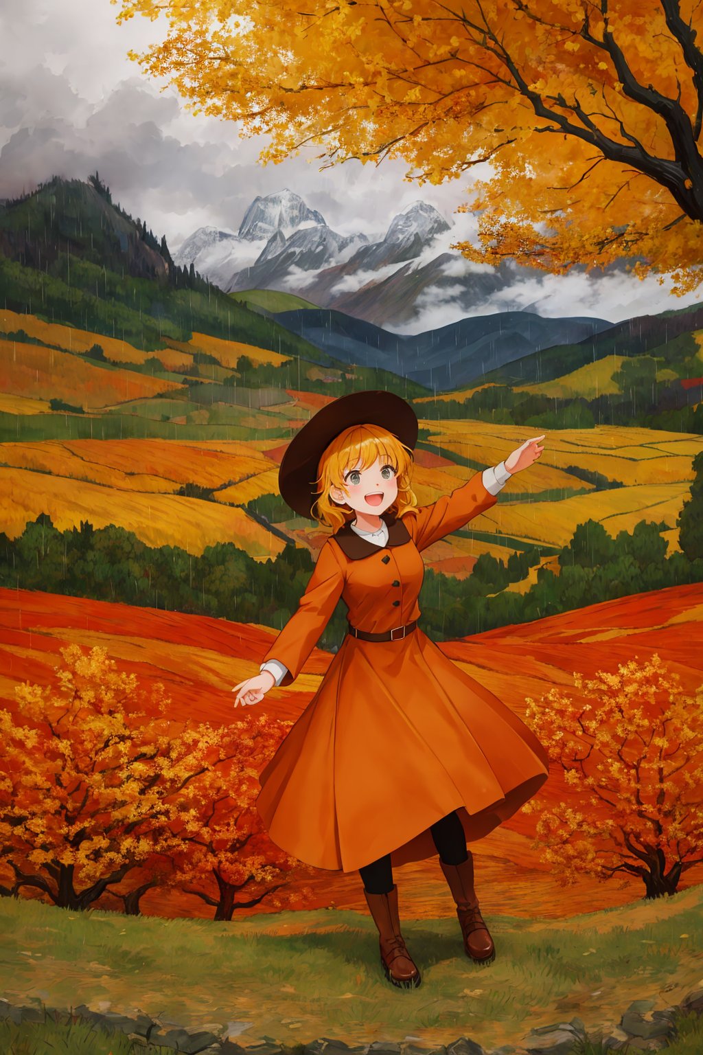 Vincent van Gogh style, a girl in autumn with rain, mountains, and trees. Dynamic pose, happy and amazed expression, gigantism, and blurry background. Illustration and character design with a thematic background and warm colors.c