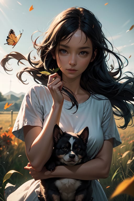 image for my lofi music. Little girl,long hair blowing by wind, little puppy,lofi art, butterfly, falling leaves --ar 16:9 --v 5