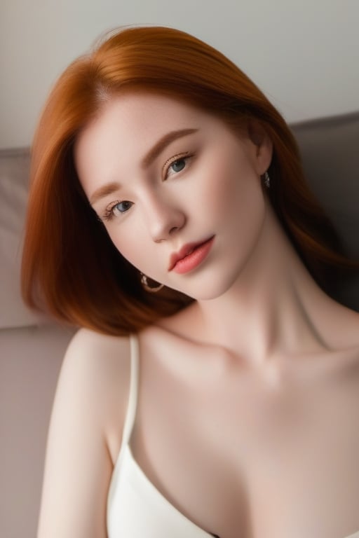 Naked body portrait of 26 yo Onlyfans red head model, in porn studio set, lying in a seductive pose, smooth skin, big breasts, perfect vagina, sweaty, professional photo, 