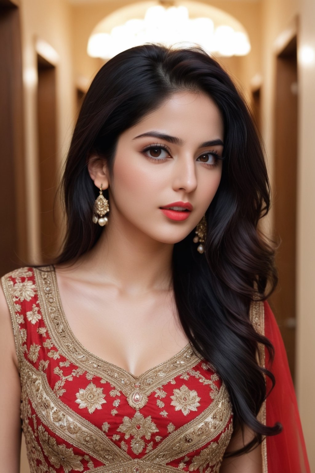 a 20 yo, hot, young ,punjabi girl ,walking in halll   , Extremely Realistic, perfect , ultra sharp,  realistic skin , perfect, hand , gorgeous face , looking at right side, low quality , black hair, designer wear , red dress , printed  , hot  , jewellery , brown eyes, realistic, open mouth , 