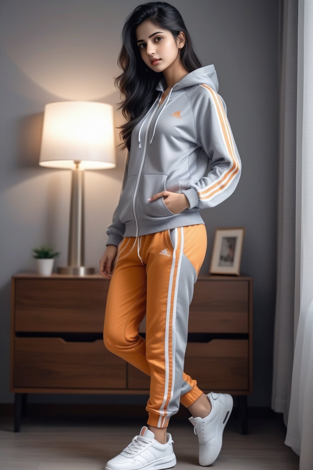 a cute hot sexy hindu girl walking in her room , she must wear grey track suit,  white sneakers, Extremely Realistic,  , perfect , ultra sharp,  realistic skin , perfect, hand , face looks like just now waked up 
