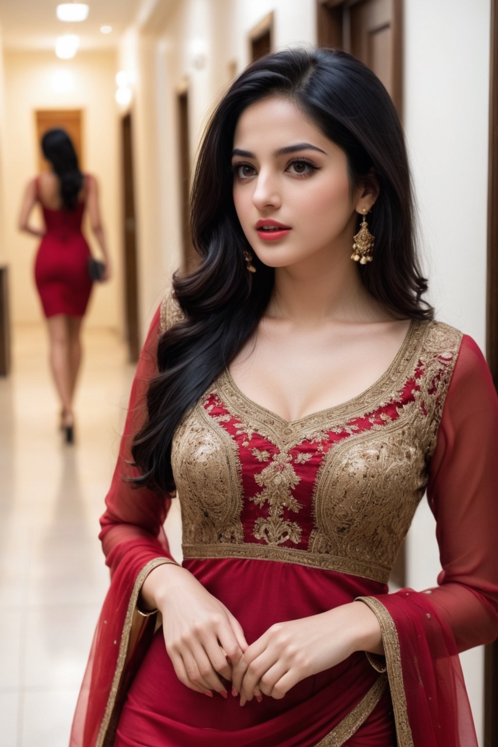 a 20 yo, hot, young ,punjabi girl ,walking in halll   , Extremely Realistic, perfect , ultra sharp,  realistic skin , perfect, hand , gorgeous face , looking at right side, low quality , black hair, designer wear , red dress , printed  , hot  , jewellery , brown eyes, realistic, open mouth , 