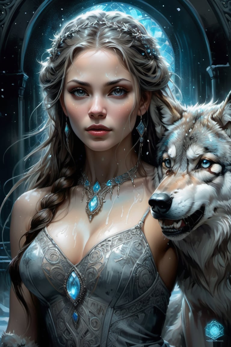 Enchanting Bioluminescence Beautiful Woman with Gray Wolf, Filigree Fur, Ice in the background, Symmetrical face, finely detailed, intricate design, beautiful, hyper realistic, acrylic, atmospheric colors, art station, by Jeremy Mann, hyper detailed intricately detailed, Splash art, centered, jean - baptiste monge style