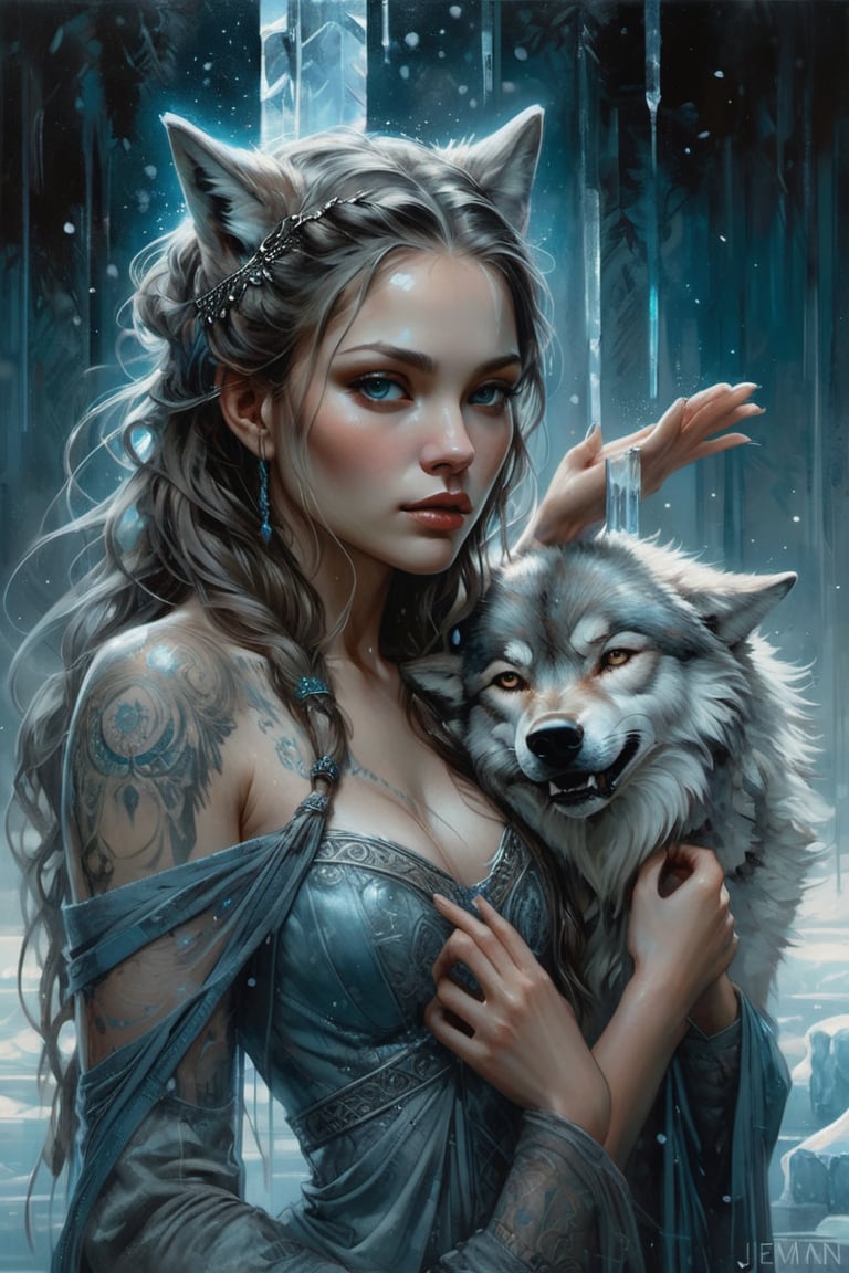 Enchanting Bioluminescence Beautiful Woman with Gray Wolf, Filigree Fur, Ice in the background, Symmetrical face, finely detailed, intricate design, beautiful, hyper realistic, acrylic, atmospheric colors, art station, by Jeremy Mann, hyper detailed intricately detailed, Splash art, centered, jean - baptiste monge style