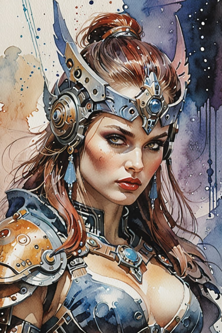 ,Beautyful A valkiry. Watercolor, trending on artstation, sharp focus, studio photo, intricate details, highly detailed, by greg rutkowski, more detail XL, hyper detailed, realistic, , by julie bell, frank frazetta, cinematic lighting,Expressiveh,concept art,yor briar,More Reasonable Details,cyberpunk style