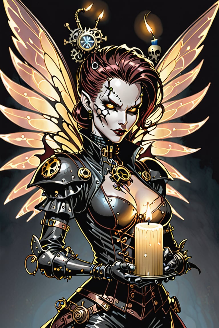 midshot, cel-shading style, centered image, ultra detailed illustration of the comic character ((female Spawn a steampunk faerie, her delicate wings shimmering in the soft glow of candlelight, by Todd McFarlane)), posing, in black and bronze suit with a skull emblem, ((holding a candle in one hand)), ((perfect hands)), ((closed hands)), ((close-up of her face)), (tetradic colors), inkpunk, ink lines, strong outlines, art by MSchiffer, bold traces, unframed, high contrast, cel-shaded, vector, 4k resolution, best quality, (chromatic aberration:1.8)