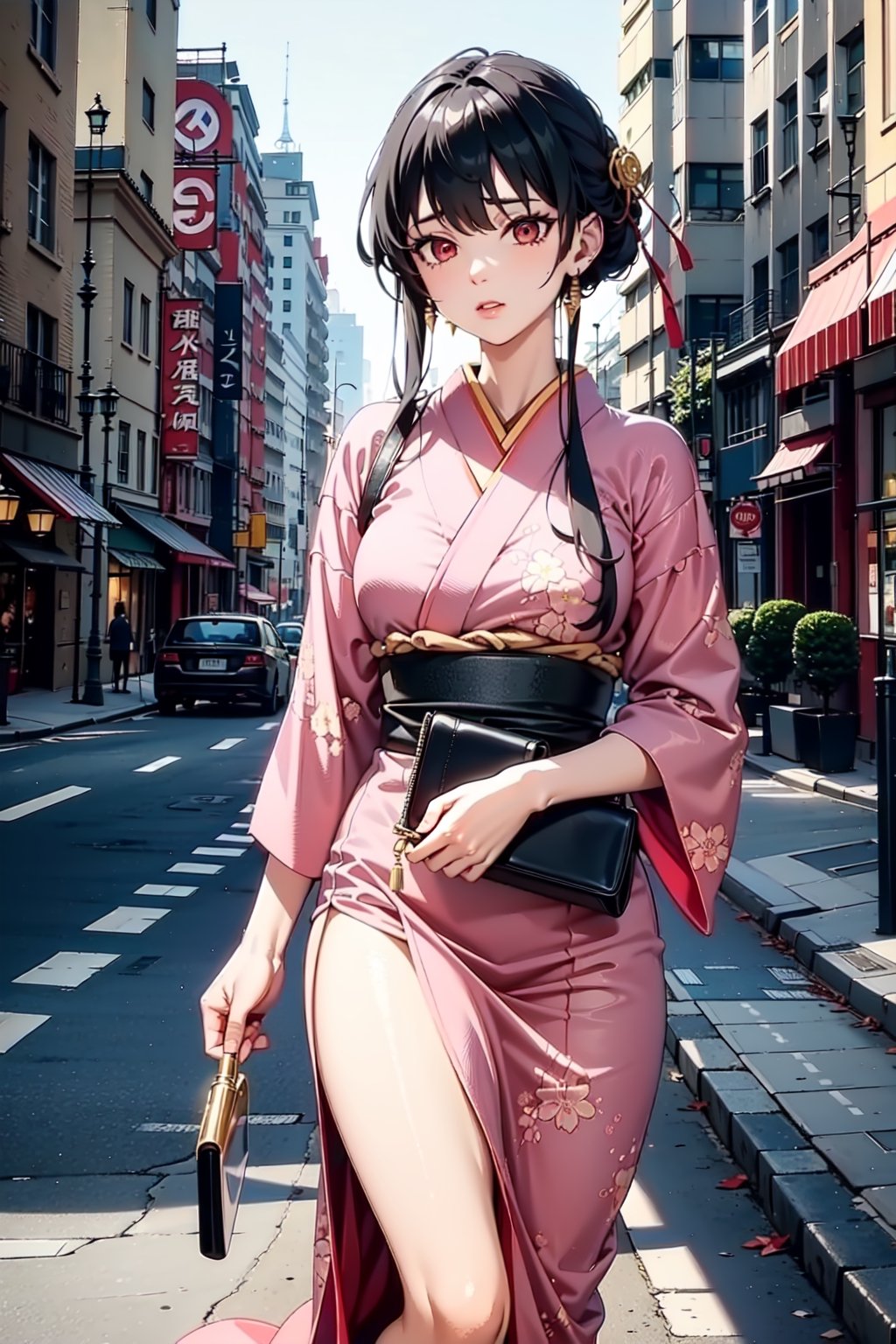 The image shows a woman in a pink kimono standing on a street in a city. She has long, black hair and is wearing a white blouse and pink kimono. She is holding a purse and has a cigarette in her hand. The background is a city street with buildings and cars in the distance. The overall mood of the image is sexy and alluring,china dress with heart cutout, red eyes,bbyorf