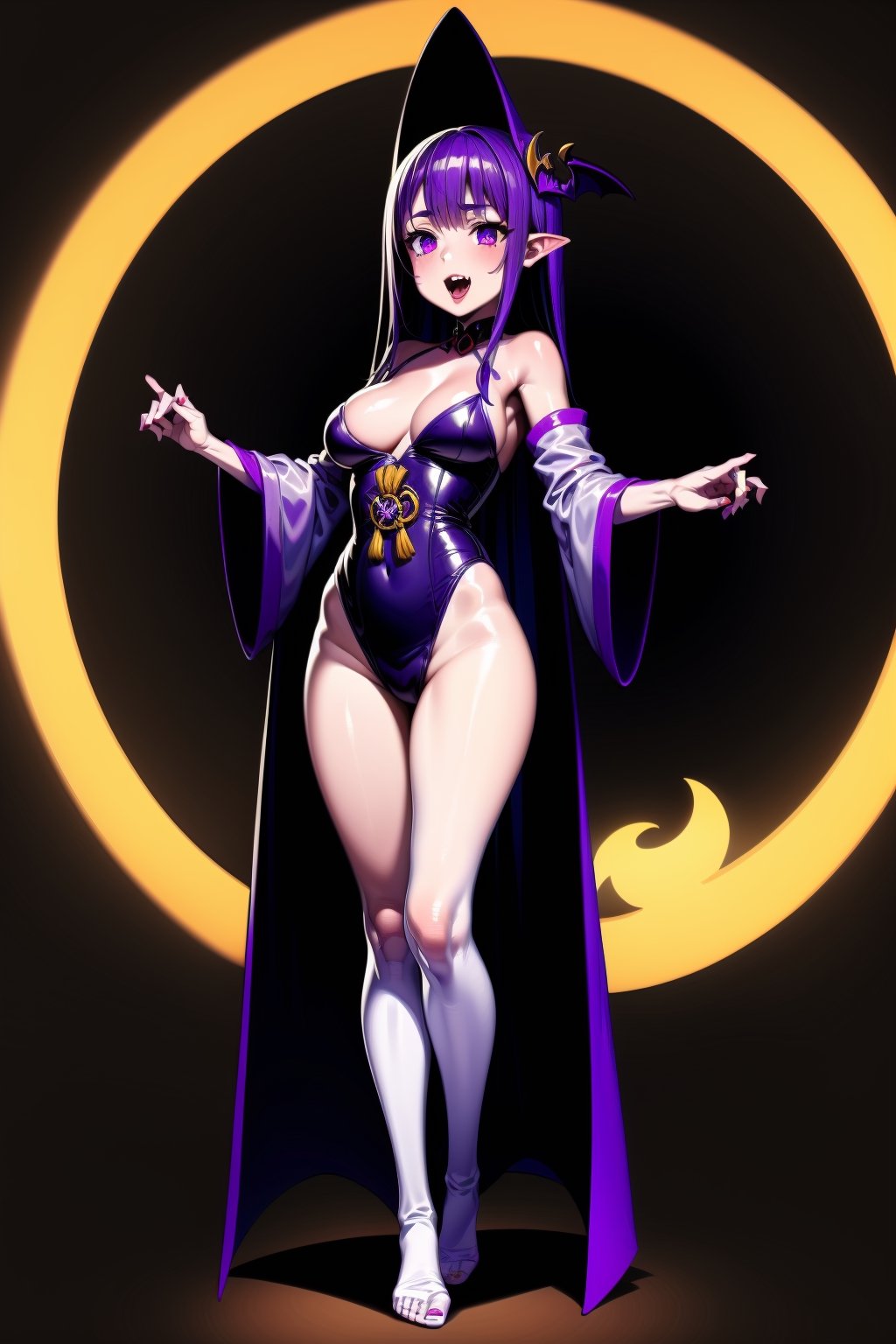 Halloween style, ((vampire costumes)), 1girl, colorful, elemental, fire, best quality, full body, Wide Shot, magic Circle, Circle, raidenshogundef, long hair, purple hair, purple eyes