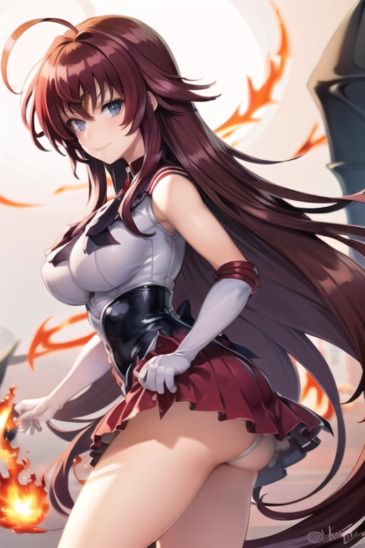 1GIRL RIAS_GREMORY,red hair, ahoge, blue eyes,SMMars, very long hair, parted bangs, sailor senshi uniform, red sailor collar, red skirt, elbow gloves, standing, cowboy shot, smile, cartoon flames in background, stylized background