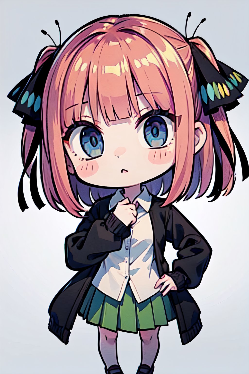 (chibi), full body, solo, 1girl, blank_background,nino nakano,  short hair, bangs, blue eyes, hair ornament, hair ribbon, pink hair, blunt bangs, two side up, butterfly hair ornament,BREAK skirt, shirt, long sleeves, white shirt, pleated skirt, open clothes, collared shirt, sleeves past wrists, dress shirt, cardigan, green skirt, open cardigan, black cardigan,,BREAK indoors, classroom, school,BREAK looking at viewer, BREAK , (masterpiece:1.2), best quality, high resolution, unity 8k wallpaper, (illustration:0.8), (beautiful detailed eyes:1.6), extremely detailed face, perfect lighting, extremely detailed CG, (perfect hands, perfect anatomy),short hair