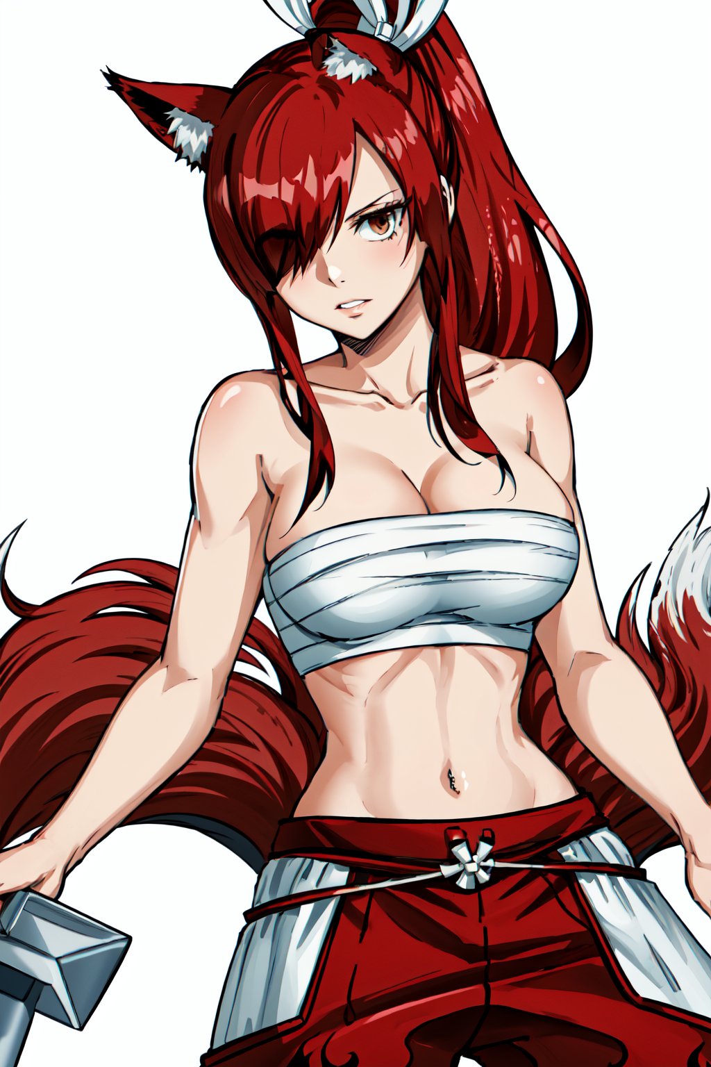 masterpiece, best quality, highres, fairy tail, 1girl, long hair, red hair, ponytail, white ribbon, hair over one eye, brown eyes, large breasts, collarbone, chest sarashi, bandage, bare arms, midriff, red hakama, red pants, white background, simple background, fox ears, tail, fox girl,  animal ear fluff, multiple tails, cleavage, looking at viewer,  fox tail, animal ears, 
