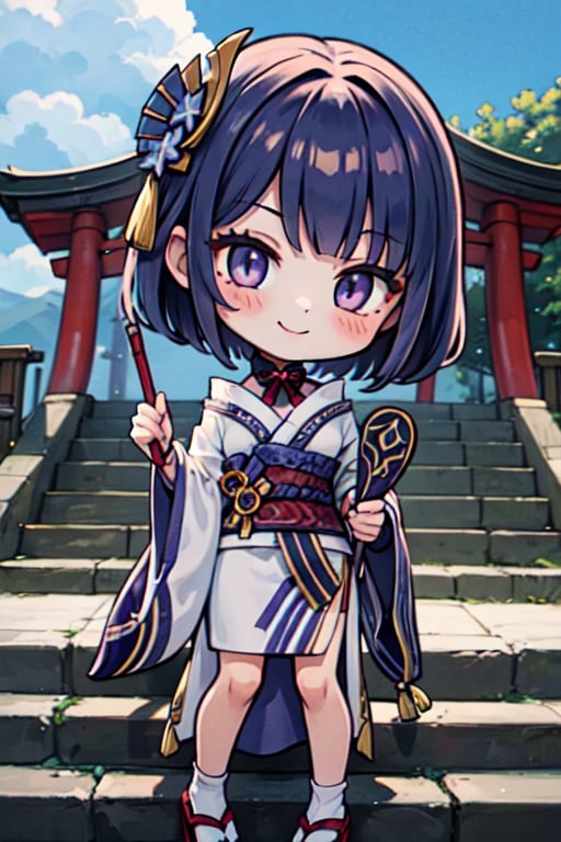 (chibi), full body, solo, 1girl,raidenshogundef, upper body, smile, blush, outdoors, day, simple background, blue sky, short hair, sky, temple, looking at viewer, stairs, mountain, moody lighting, facing viewer,