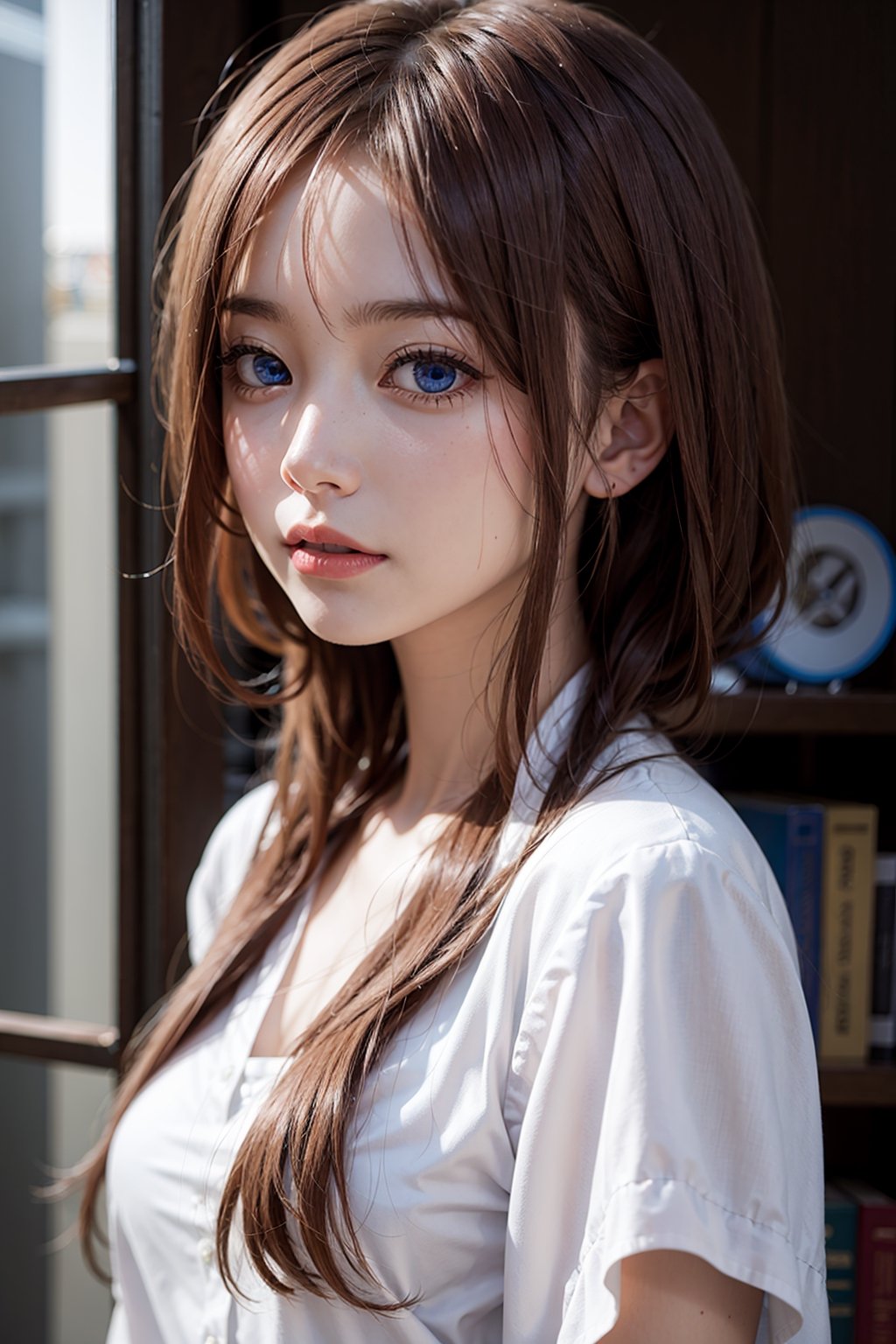 long hair, bangs, blue eyes, brown hair