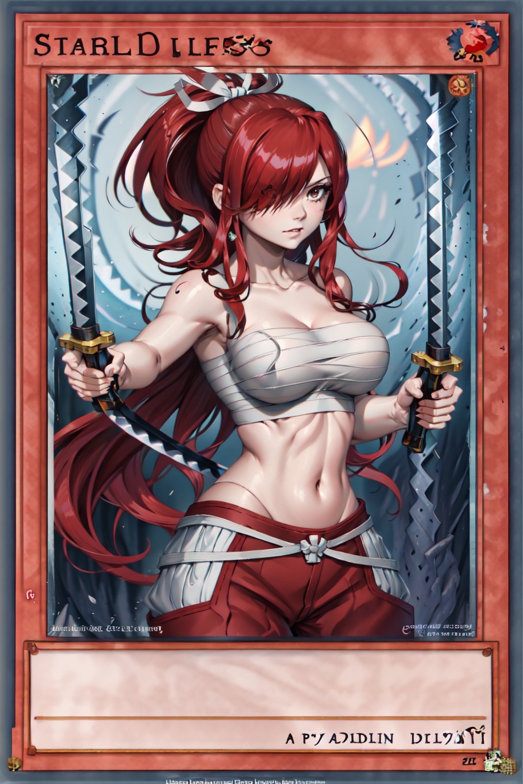 yugioh_card, masterpiece, best quality,  highres, fairy tail, 1girl, long hair, red hair, ponytail, white ribbon, hair over one eye, brown eyes, large breasts, collarbone, chest sarashi, bandage, bare arms, midriff, red hakama, red pants, standing, holding weapon, sword, katana