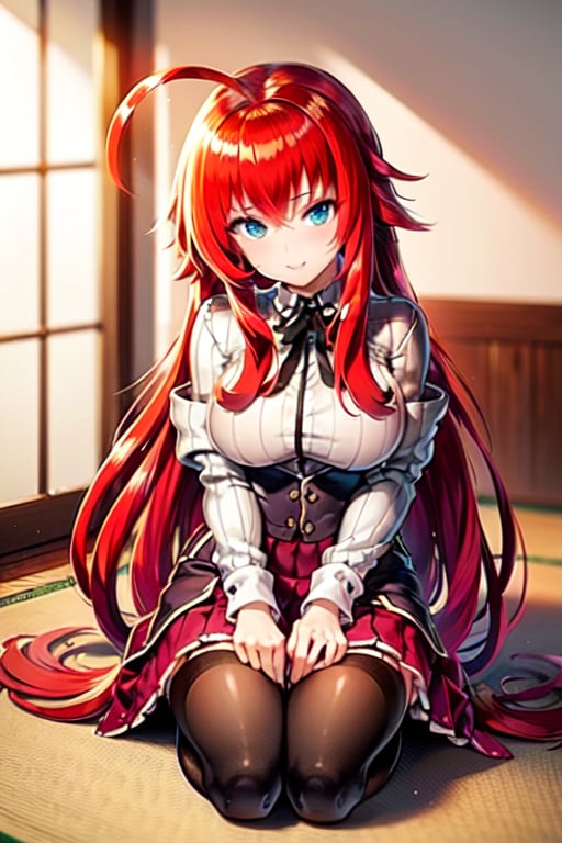 1GIRL RIAS_GREMORY,red hair, ahoge, blue eyes,very long hair, miko, (red hakama:1.1), japanese clothes, hair ornament, room, sitting, on floor, hair flower,