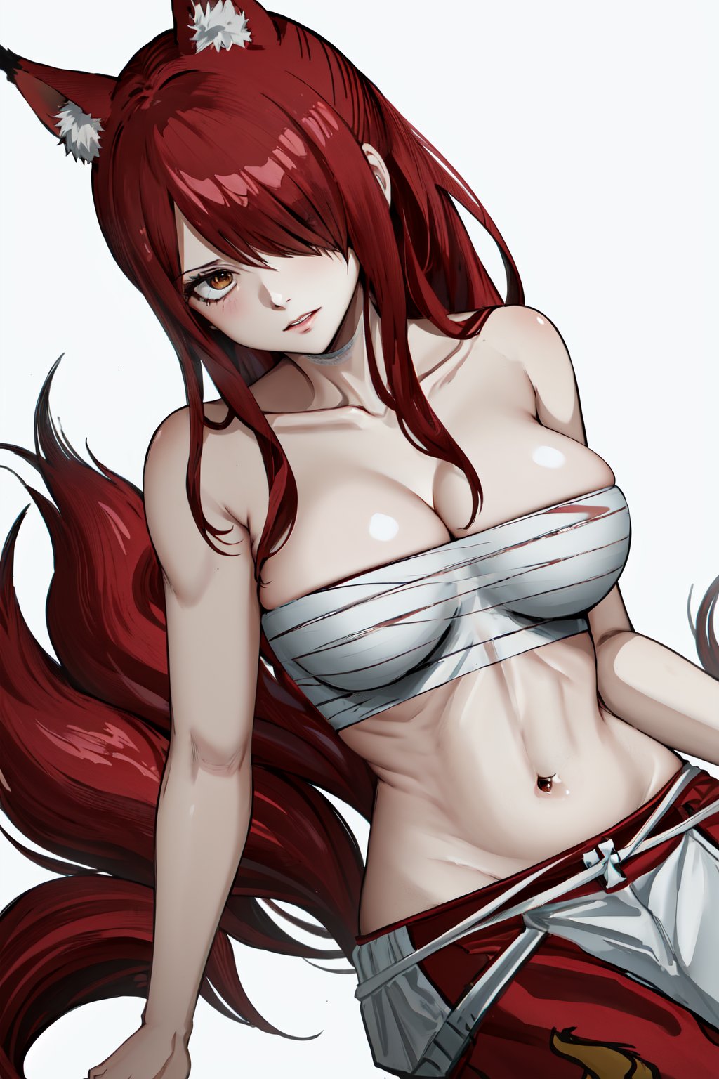 masterpiece, best quality, highres, fairy tail, 1girl, long hair, red hair, ponytail, white ribbon, hair over one eye, brown eyes, large breasts, collarbone, chest sarashi, bandage, bare arms, midriff, red hakama, red pants, white background, simple background, fox ears, tail, fox girl,  animal ear fluff, multiple tails, cleavage, looking at viewer,  fox tail, animal ears, 
