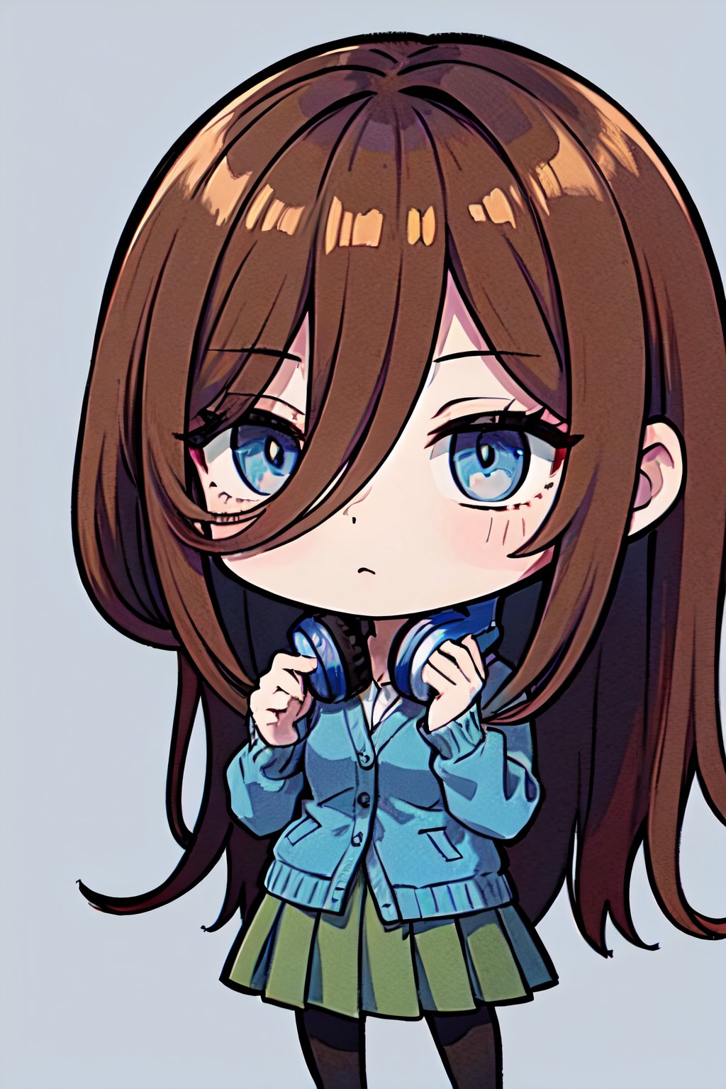 (chibi), full body, solo, 1girl, miku nakano, miku nakano, long hair, bangs, blue eyes, brown hair, shirt, hair between eyes, headphones, cardigan, headphones around neck, skirt, shirt, long sleeves, white shirt, pantyhose, pleated skirt, black pantyhose, cardigan, green skirt, blue cardigan,(masterpiece:1.2), best quality, high resolution, unity 8k wallpaper, (illustration:0.8), (beautiful detailed eyes:1.6), extremely detailed face, perfect lighting, extremely detailed CG, (perfect hands, perfect anatomy), blank_background