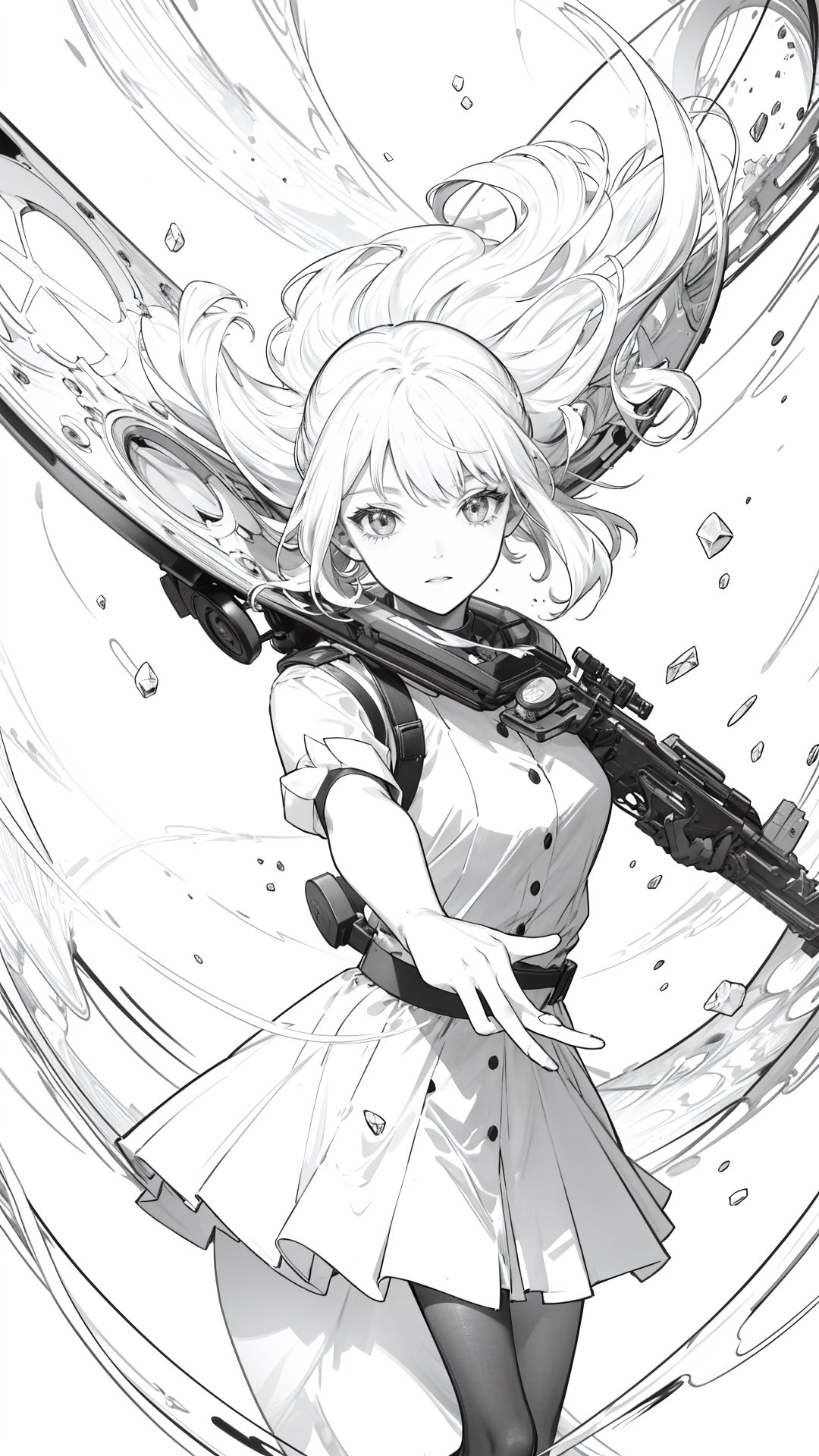 1girl,solo,dynamic pose,cowboy shot,lineart, monochrome