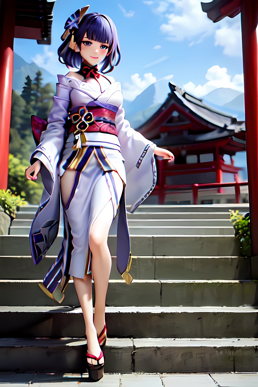 raidenshogundef, full body, smile, blush, outdoors, day, simple background, blue sky, short hair, sky, temple, looking at viewer, stairs, mountain, moody lighting, facing viewer,long hair