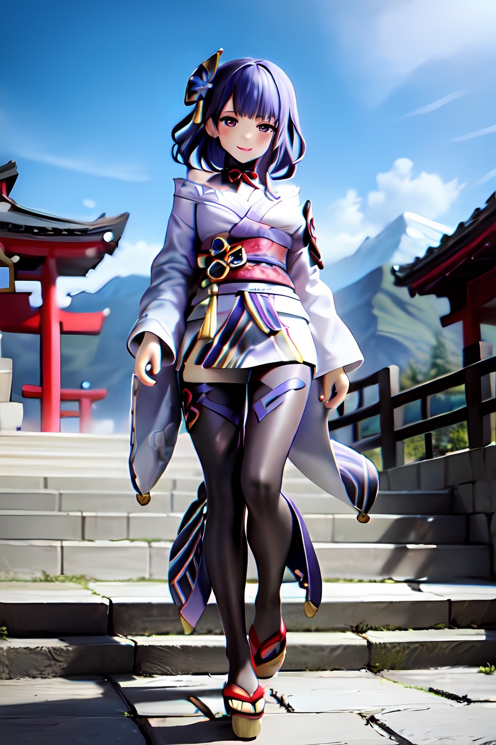 raidenshogundef, full body, smile, blush, outdoors, day, simple background, blue sky, short hair, sky, temple, looking at viewer, stairs, mountain, moody lighting, facing viewer,long hair