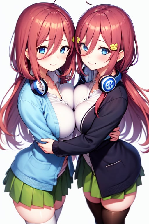 (masterpiece), 2girls, BREAK,
nino nakano, pink hair, breast press, hugging, symmetrical docking, butterfly hair ornament, smile, white shirt, white thighhighs,  green skirt, black open cardigan, highly detailed, absurdres, masterpiece,  
BREAK, miku nakano, brown hair, hugging, breast press, symmetrical docking, hair between eyes, smile, pantyhose, green skirt, blue cardigan, headphones, highly detailed, absurdres, masterpiece,  